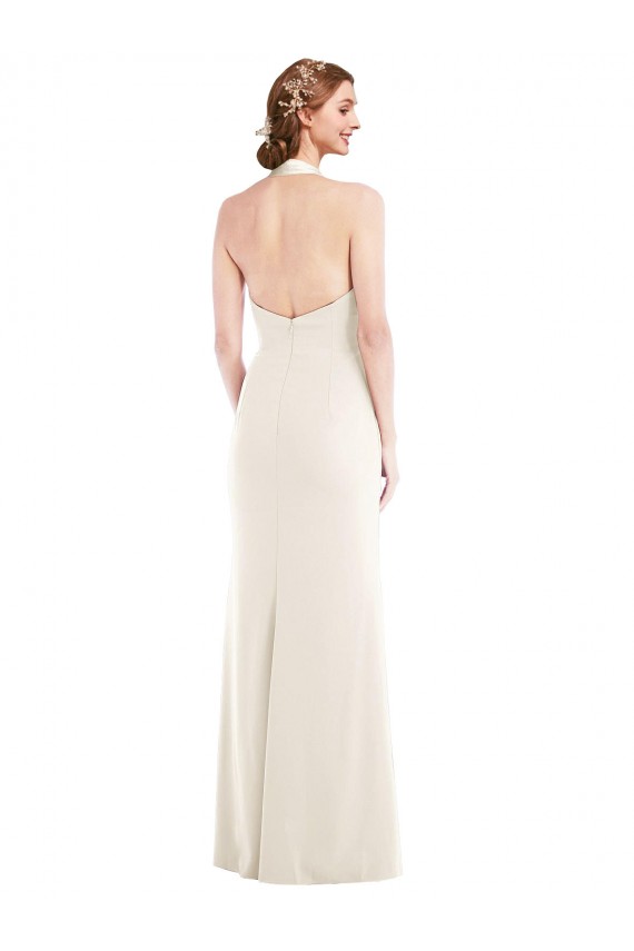 Affordable Sleeveless Halter Neck Stretch Crepe Ivory Long Semi Formal Evening Dress