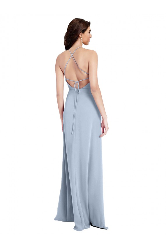 Affordable Sleeveless High Neck Stretch Crepe Light Sky Blue Sheath Long Formal Evening Dress