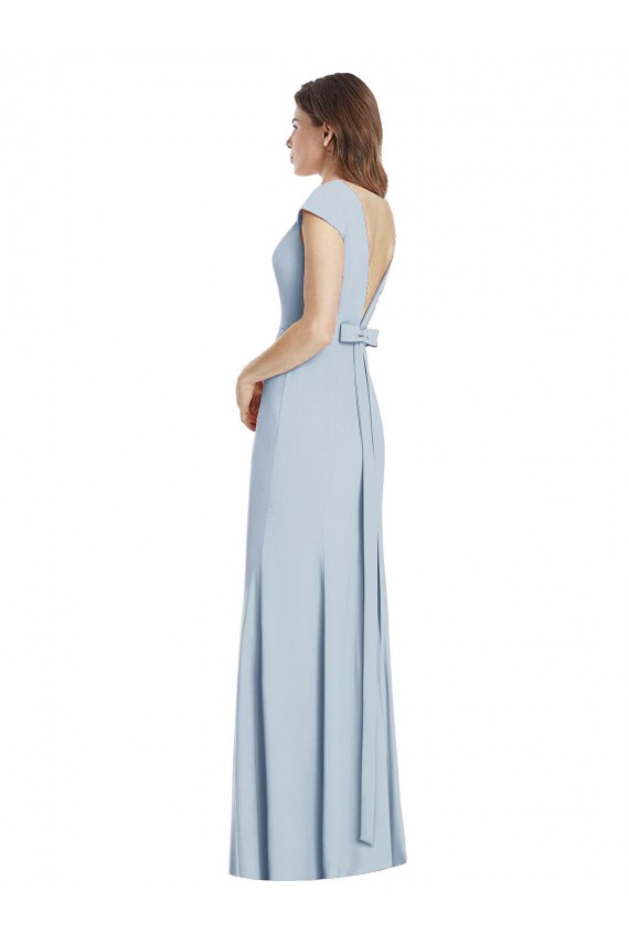 Affordable Cap Sleeves Bateau Neck Stretch Crepe Light Sky Blue Long Formal Dress