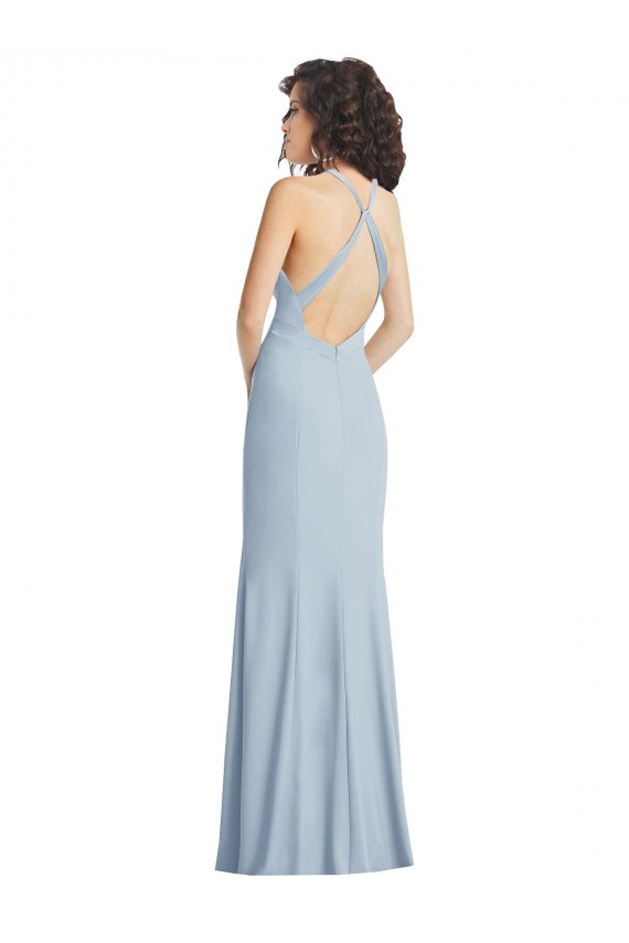 Affordable Sleeveless High Neck Stretch Crepe Light Sky Blue Long Formal Evening Dress