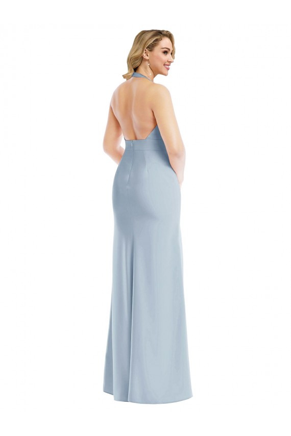 Affordable Sleeveless Halter Neck Stretch Crepe Light Sky Blue Long Evening Dress