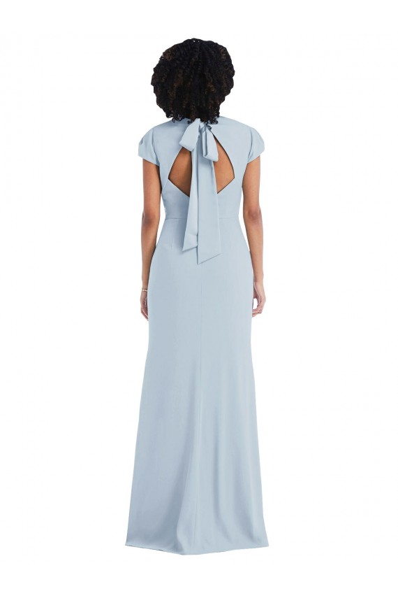 Affordable Cap Sleeves Jewel Neck Stretch Crepe Light Sky Blue Long Semi Formal Evening Dress