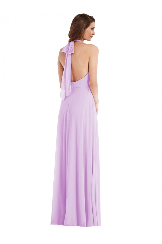 Affordable Sleeveless Halter Neck Soft Chiffon Lilac Long Semi Formal Evening Dress