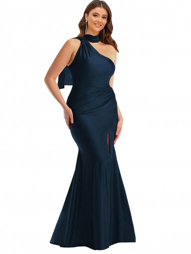 Affordable Sleeveless Halter Neck Silky Satin Dark Navy Long Plus Size Formal Evening Dress