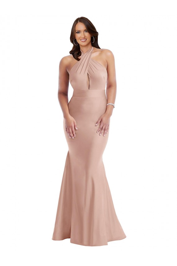 Affordable Sleeveless Halter Neck Silky Satin Dusty Pink Long Plus Size Formal Evening Dress