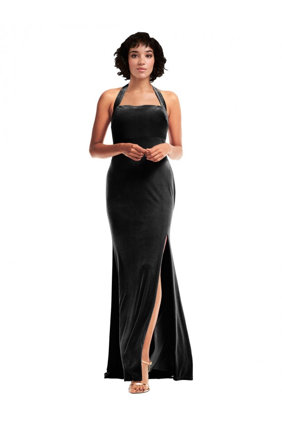 Affordable Sleeveless Halter Neck Stretch Velvet Black Long Formal Evening Dress