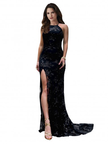 Affordable Sleeveless High Neck Lace Black Long Black Tie Evening Dress