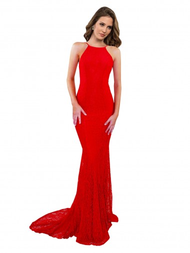 Affordable Sleeveless High Neck Lace Red Long Evening Dress