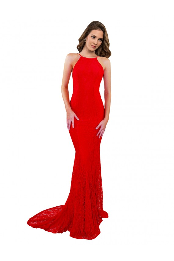 Affordable Sleeveless High Neck Lace Red Long Evening Dress