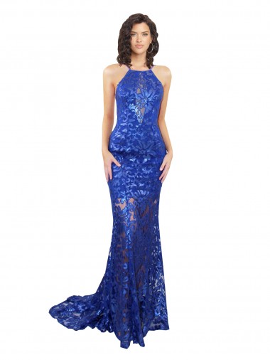 Affordable Sleeveless High Neck Lace Royal Blue Long Semi Formal Evening Dress