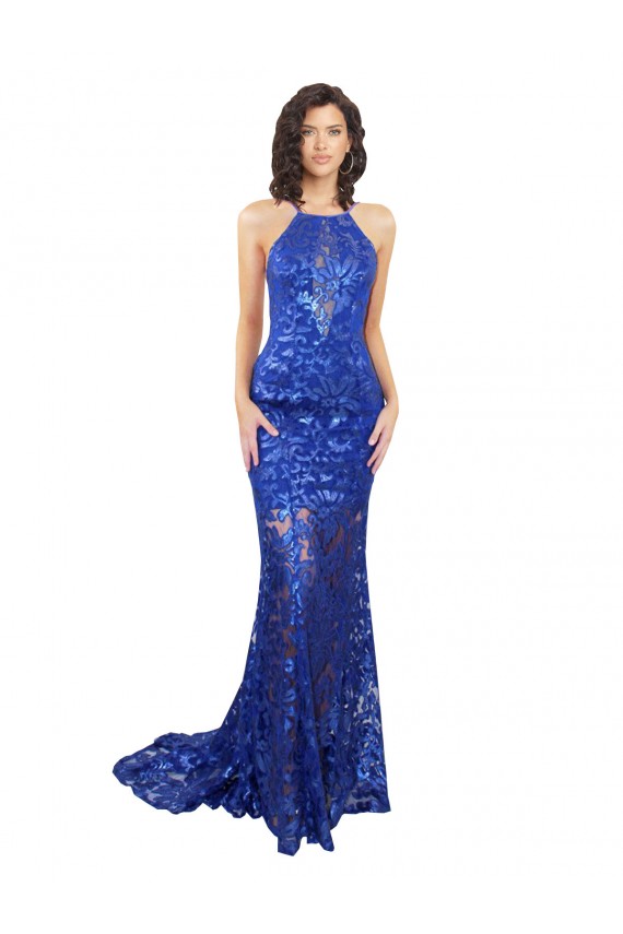 Affordable Sleeveless High Neck Lace Royal Blue Long Semi Formal Evening Dress