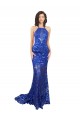 Affordable Sleeveless High Neck Lace Royal Blue Long Semi Formal Evening Dress