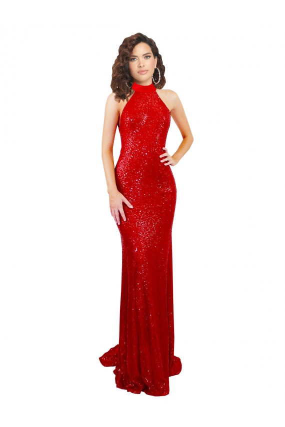 Affordable Sleeveless High Neck Sequin Red Long Formal Evening Dress