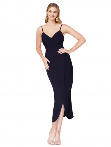Affordable Sleeveless High Neck Stretch Crepe Dark Navy Knee Length Formal Dress
