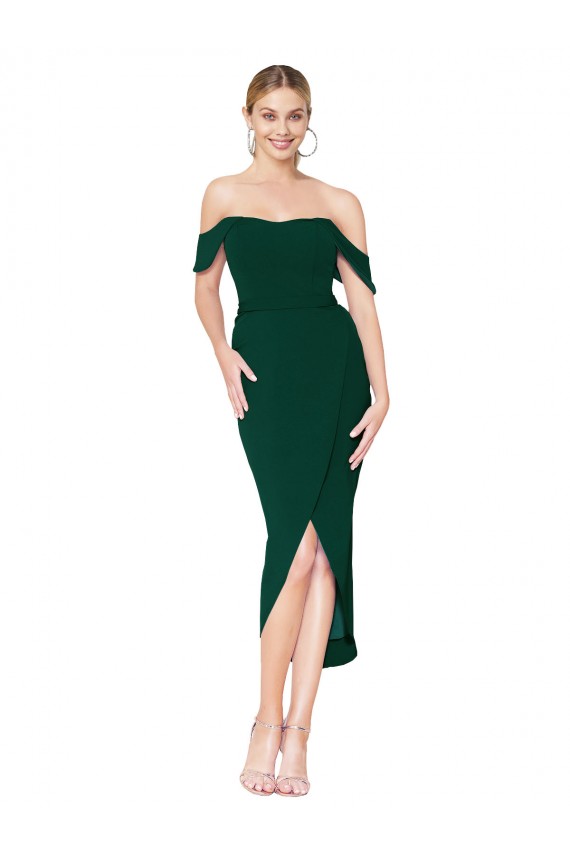 Affordable Sleeveless High Neck Stretch Crepe Midnight Green Knee Length High Low Evening Dress