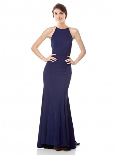 Affordable Sleeveless High Neck Stretch Crepe Navy Blue Long Evening Dress