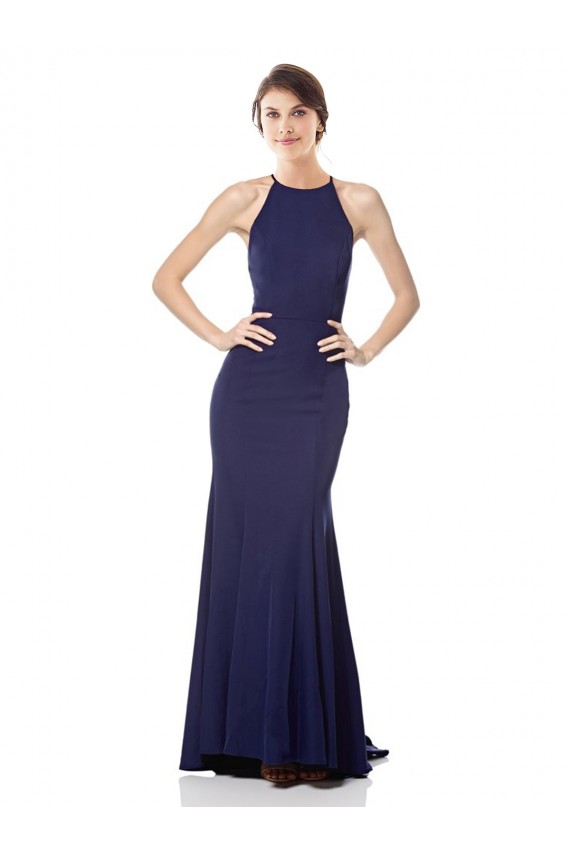 Affordable Sleeveless High Neck Stretch Crepe Navy Blue Long Evening Dress