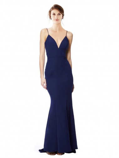 Affordable Sleeveless High Neck Stretch Crepe Navy Blue Long Formal Dress