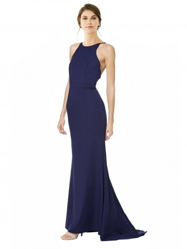 Affordable Sleeveless High Neck Stretch Crepe Navy Blue Long Formal Evening Dress