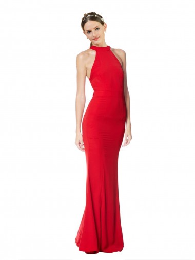 Affordable Sleeveless High Neck Stretch Crepe Red Long Evening Dresses