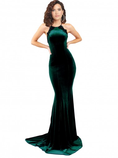 Affordable Sleeveless High Neck Stretch Velvet Dark Green Sweep Train Formal Evening Dress