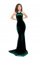 Affordable Sleeveless High Neck Stretch Velvet Dark Green Sweep Train Formal Evening Dress