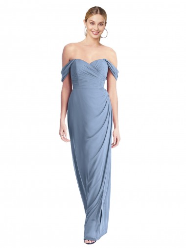 Affordable Sleeveless Off the Shoulder Soft Chiffon Dusty Blue Long Semi Formal Evening Dress