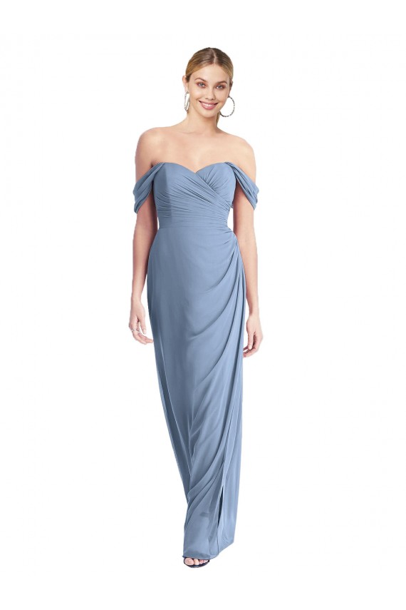 Affordable Sleeveless Off the Shoulder Soft Chiffon Dusty Blue Long Semi Formal Evening Dress