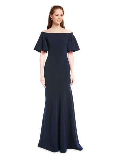 Affordable Short Sleeves Off the Shoulder Stretch Crepe Dark Navy Long Evening Dress