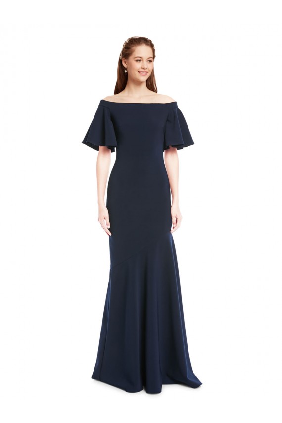 Affordable Short Sleeves Off the Shoulder Stretch Crepe Dark Navy Long Evening Dress