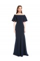 Affordable Short Sleeves Off the Shoulder Stretch Crepe Dark Navy Long Evening Dress