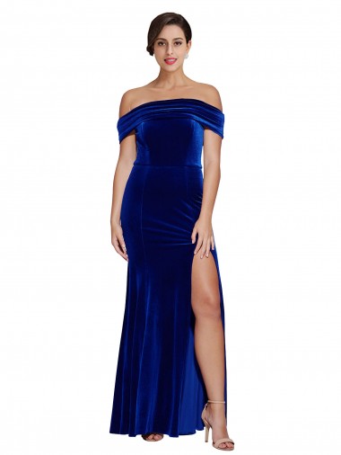 Affordable Sleeveless Off the Shoulder Stretch Velvet Royal Blue Long Formal Evening Dress