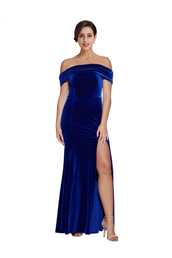 Affordable Sleeveless Off the Shoulder Stretch Velvet Royal Blue Long Formal Evening Dress