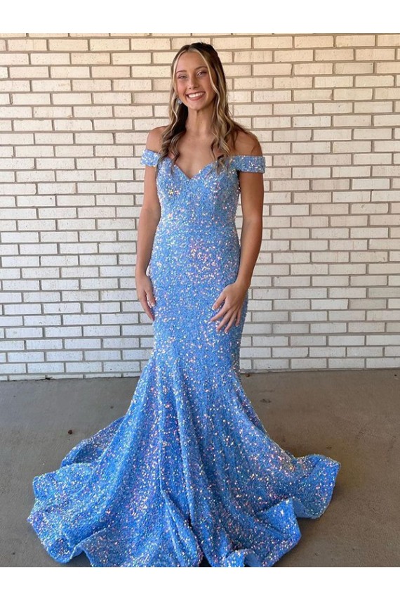 Affordable Sleeveless Off the Shoulder Velvet Sequin Periwinkle Long Evening Dress