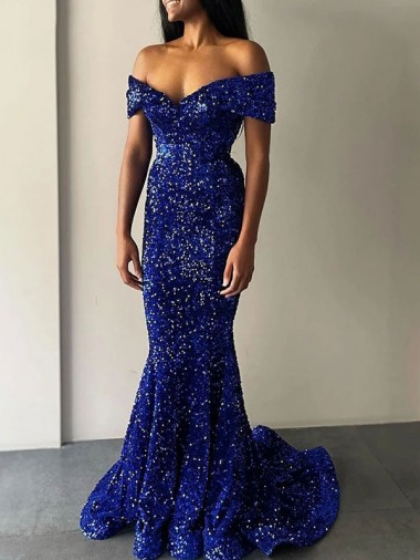 Affordable Sleeveless Off the Shoulder Velvet Sequin Royal Blue Sweep Train Evening Dresses