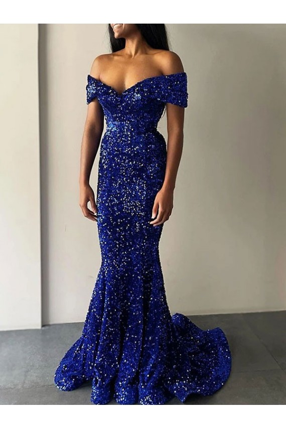 Affordable Sleeveless Off the Shoulder Velvet Sequin Royal Blue Sweep Train Evening Dresses