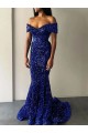 Affordable Sleeveless Off the Shoulder Velvet Sequin Royal Blue Sweep Train Evening Dresses