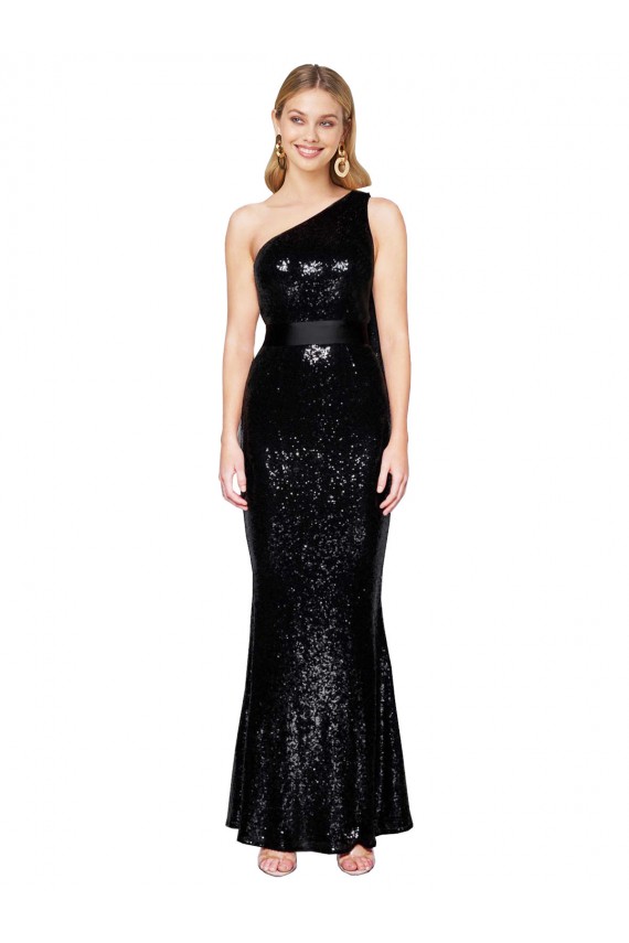 Affordable Sleeveless One Shoulder Sequin Black Long Formal Evening Dress