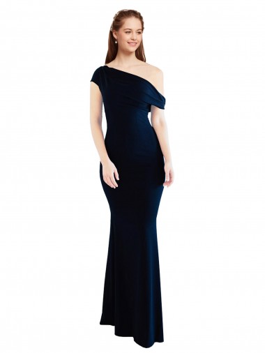 Affordable Sleeveless One Shoulder Stretch Crepe Dark Navy Long Formal Evening Dress