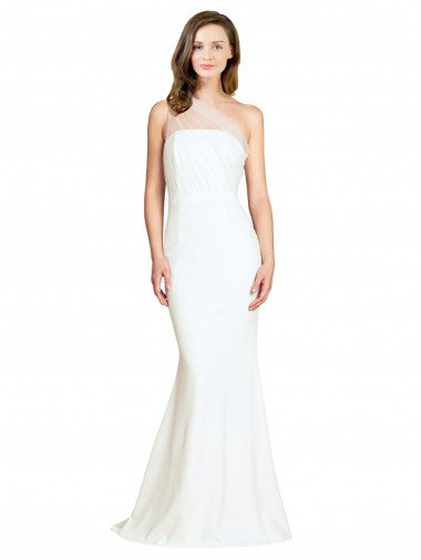 Affordable Sleeveless One Shoulder Stretch Crepe & Tulle Ivory Sweep Train Formal Evening Dress