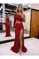 Affordable Long Sleeves One Shoulder Velvet Sequin Burgundy Sweep Train Evening Dress