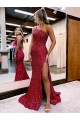 Affordable Sleeveless One Shoulder Velvet Sequin Burgundy Sweep Train Evening Gowns