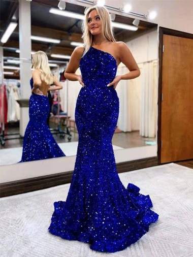 Affordable Sleeveless One Shoulder Velvet Sequin Royal Blue Sweep Train Evening Gowns