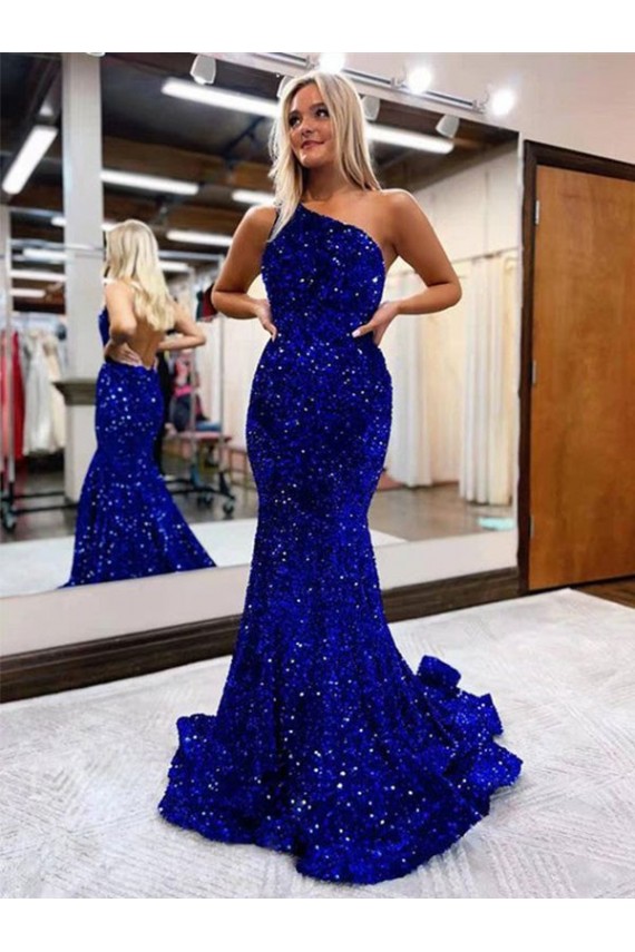 Affordable Sleeveless One Shoulder Velvet Sequin Royal Blue Sweep Train Evening Gowns