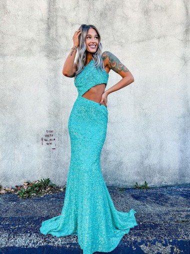 Affordable Sleeveless One Shoulder Velvet Sequin Sweep Train Evening Dresses