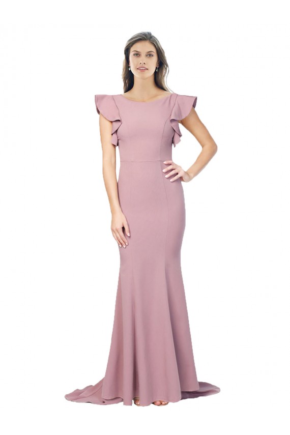 Affordable Flutter Sleeves Round Neck Stretch Crepe Dusty Pink Sweep Train Formal Evening Dress