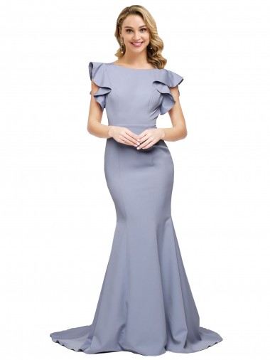 Affordable Sleeveless Round Neck Stretch Crepe Smoke Blue Sweep Train Formal Evening Dress