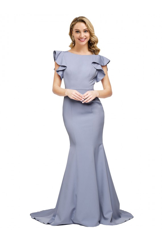 Affordable Sleeveless Round Neck Stretch Crepe Smoke Blue Sweep Train Formal Evening Dress