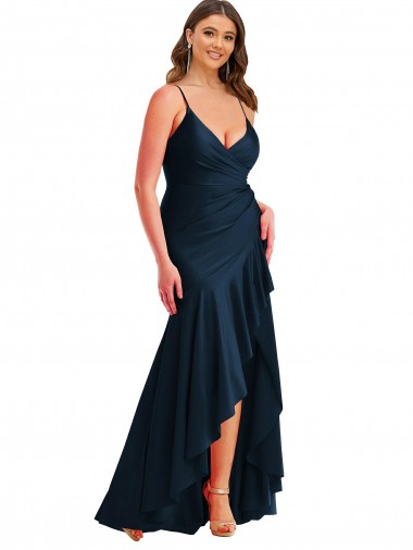 Affordable Sleeveless Spaghetti Straps Silky Satin Dark Navy Long High Low Plus Size Evening Dress