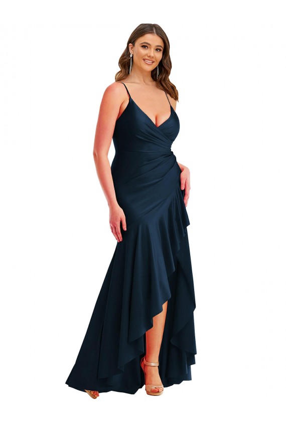 Affordable Sleeveless Spaghetti Straps Silky Satin Dark Navy Long High Low Plus Size Evening Dress